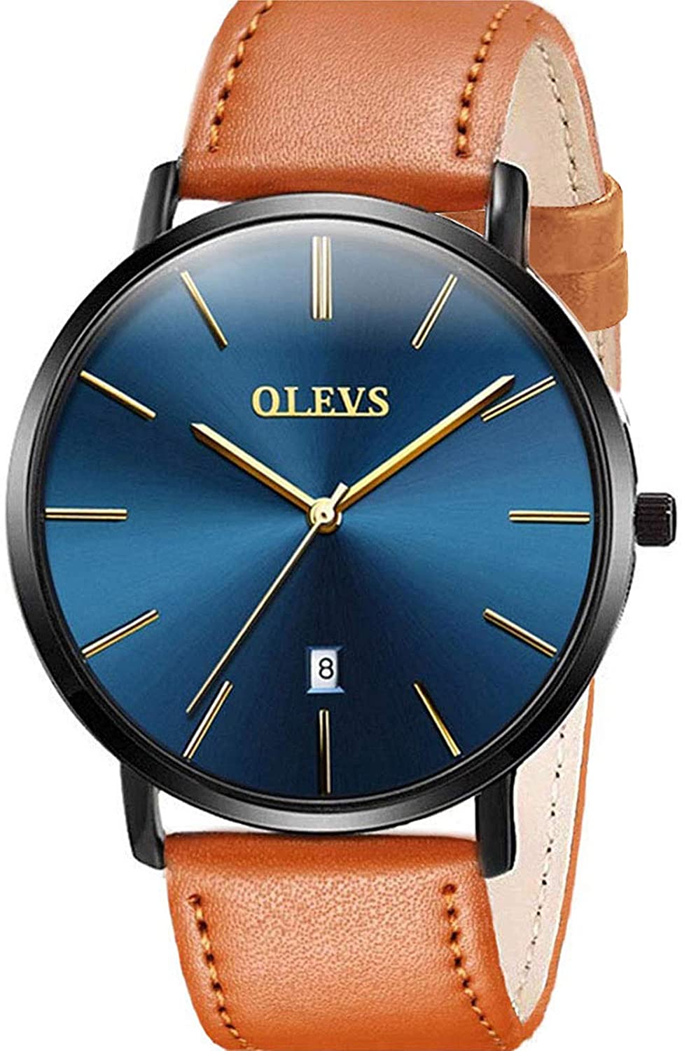 OLEVS Mens Minimalist Leather Strap Watches Brown Black Blue Leather Band Quartz Wrist Watches, Waterproof & Date Window