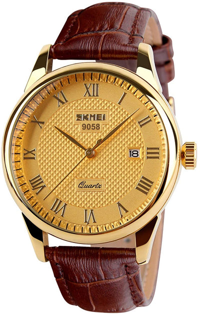 CakCity Men's Business Analogou Casual Watches Quartz Waterproof Wrist Watch with Golden Dial Brown Leather Band