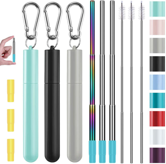 3 Pack Stainless Steel Reusable Collapsible Straws with Plastic Case and Long Cleaning Brush