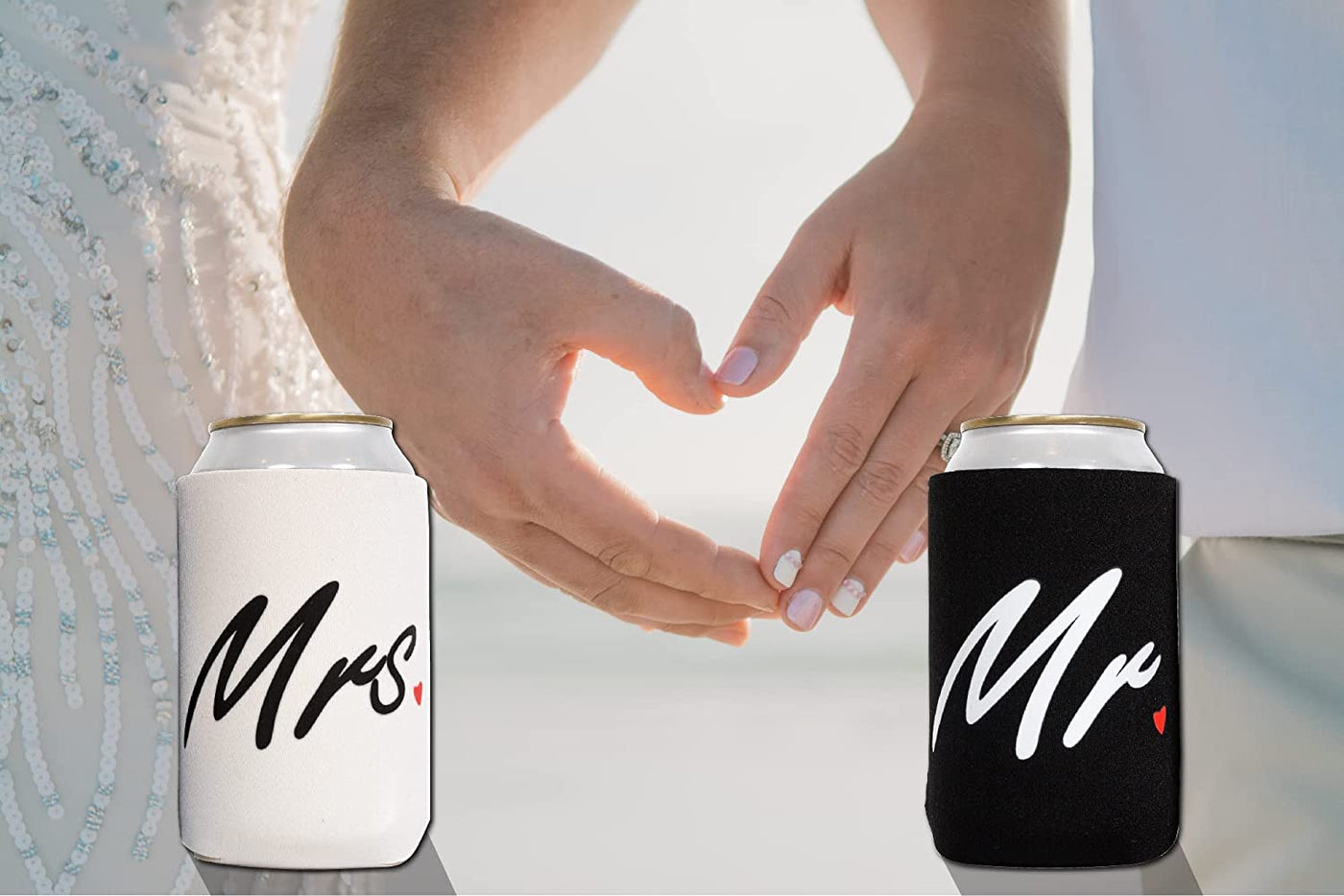 Mr & Mrs Can Cooler Sleeves - Set of 2 Neoprene Covers for Beer, Soda and More Universal Sleeve Design Holds Bottle and Cans - His and Hers Wedding Gift for Couples