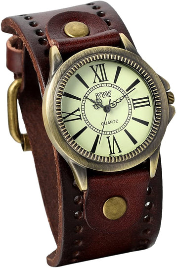 JewelryWe Vintage Wrist Watch Wide Leather Strap Band Cuff Quartz Watches for Men Women, for Valentine’s Day