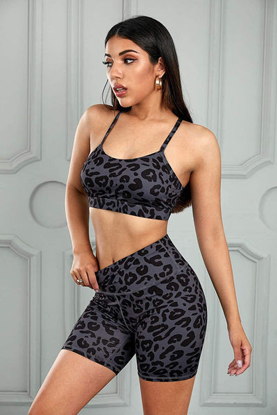 donfonhyx989u7Womens Yoga Outfits 2 Piece Set Workout Athletic Leopard Print Shorts Leggings and Sports Bra Set Gym Clothes