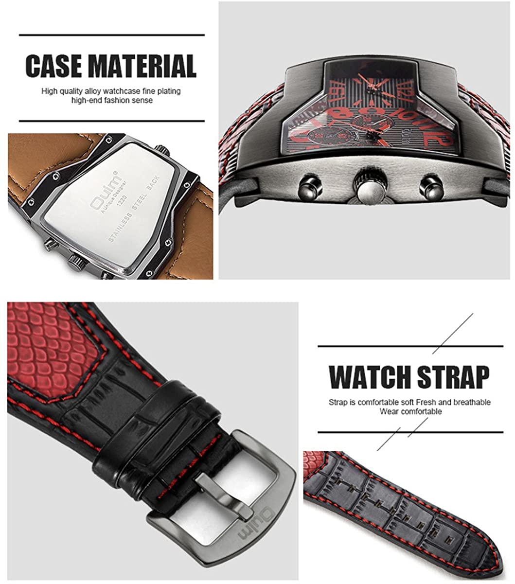 Mens Military Sports Watch Army Dual Time Movt Quartz Wristwatch with Leather Band Decorative Sub-dials