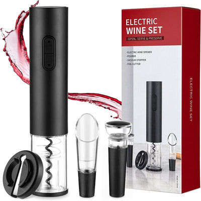 4 Piece Electric Wine Opener Set - Includes Opener, Vacuum Stopper, Pourer Spout & Foil Cutter