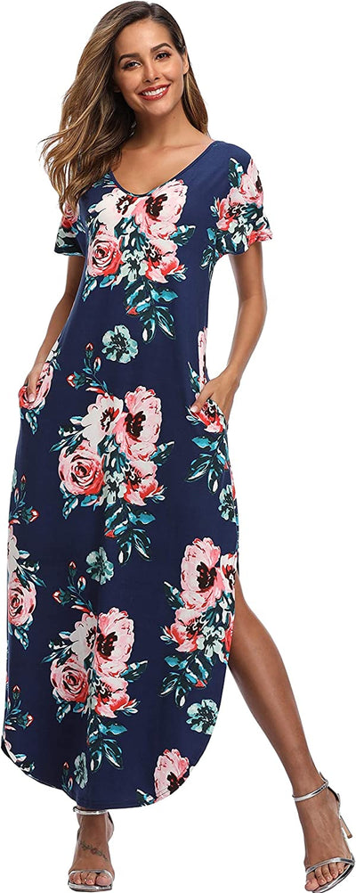 VEW Store Women's Maxi Dress Floral Printed Long Casual Beach Party Dress with Pocket