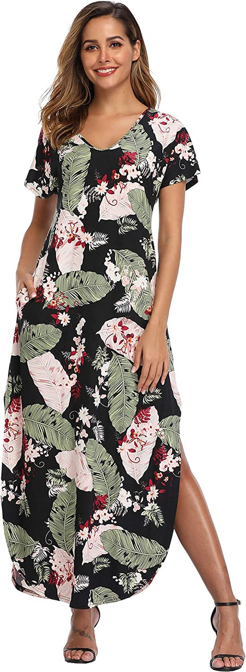 VEW Store Women's Maxi Dress Floral Printed Long Casual Beach Party Dress with Pocket