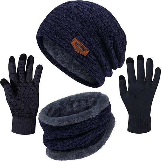3 Pieces Winter Fleece Lined Beanie Hat, Scarf and Touchscreen Gloves Set