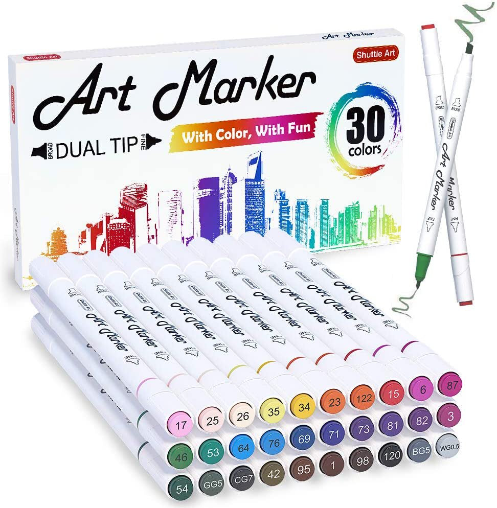 30 Colors Dual Tip Art Markers, Marker Pens for Kids Adult Coloring Books Sketching and Card Making