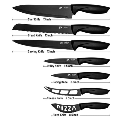  7 Piece Kitchen Knife Set - Steak Knives, Cheese Knife, Pizza Knife, Bread Knife, Carving Knife - Stainless Kitchen Knives