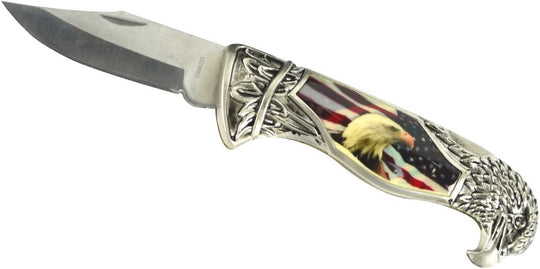  USA Flag & American Bald Eagle Head Shaped Folding Pocket Knife w/Gift Box Case