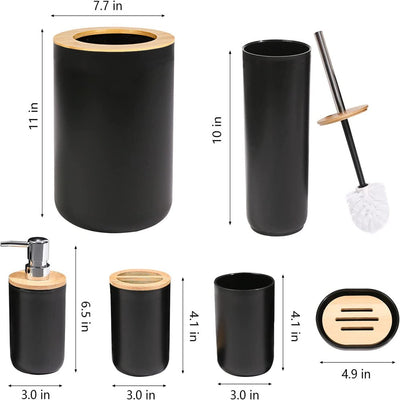 6 Pieces Bath Set- Soap Dish Toothbrush Holder Rinse Cup Lotion Bottle Trash Can Toilet Brush - Practical Toilet Kit for Home Washing Room，Black