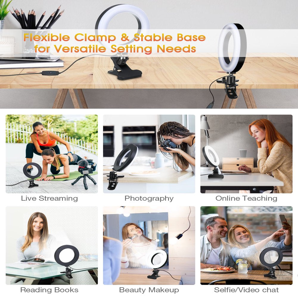 6.3" Selfie Ring Light with Clamp Mount for Desk, Bed, Office, Makeup, Youtube, Video, Live Steam & Broadcast, 3 Dimmable Color & 10 Brightness , 360 Degrees Rotatable