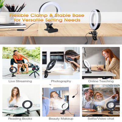 6.3" Selfie Ring Light with Clamp Mount for Desk, Bed, Office, Makeup, Youtube, Video, Live Steam & Broadcast, 3 Dimmable Color & 10 Brightness , 360 Degrees Rotatable
