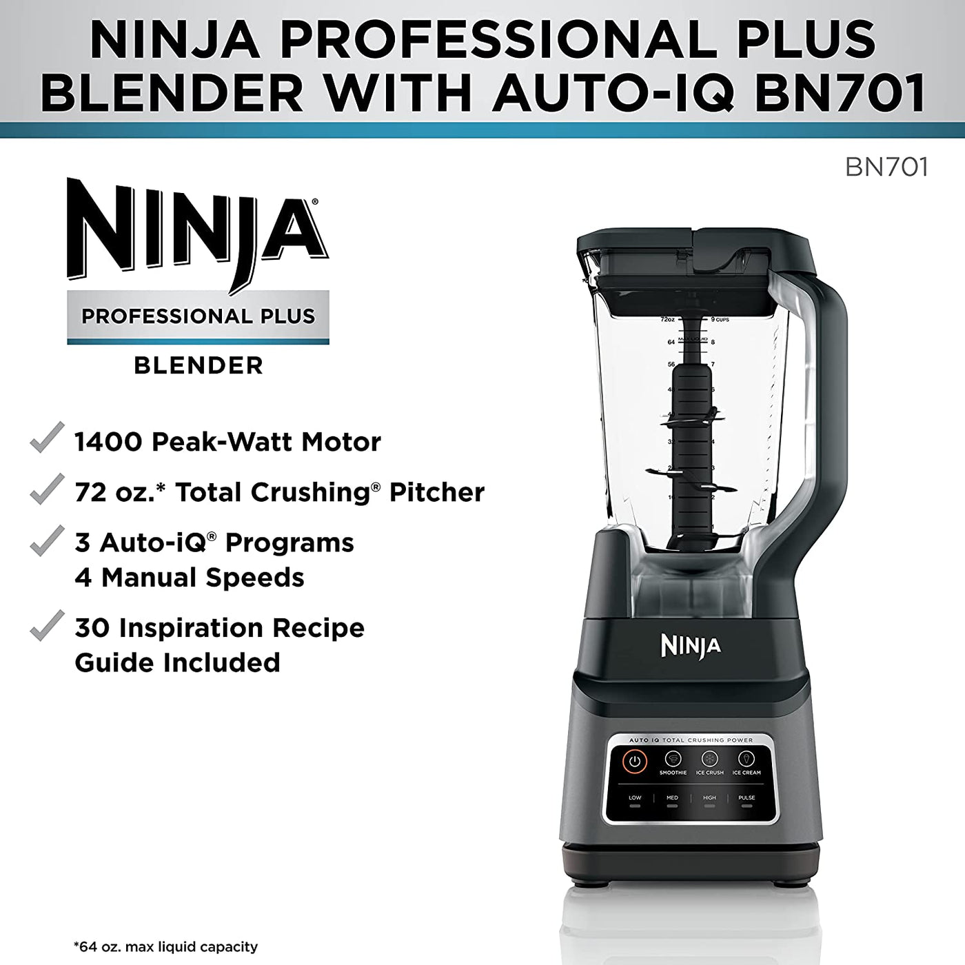 Ninja Professional Plus Bender, 3 Functions for Smoothies, Frozen Drinks & Ice Cream 