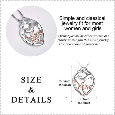 925 Sterling Silver Mother and Child Love Heart Pendant Necklace