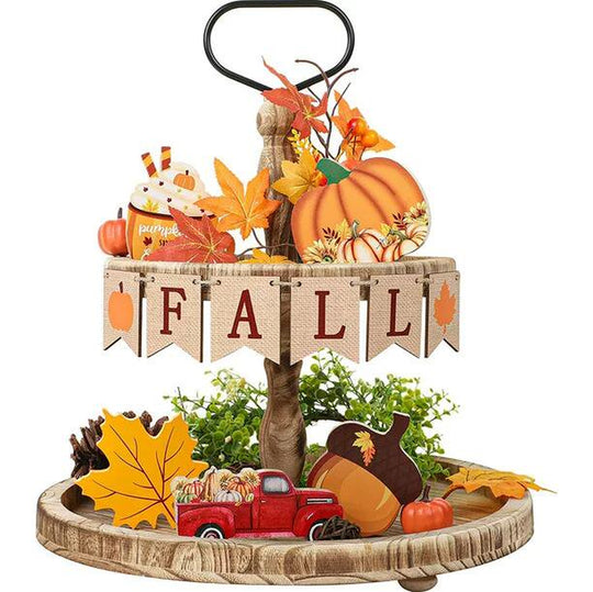 Fall Tiered Tray Decor, Pumpkin Maple Leaves Wooden Tabletop Signs Happy Fall Wood Block Autumn Truck Acorn Decorative Ornaments for Fall Thanksgiving Farmhouse Party Supplies, 11 PCS