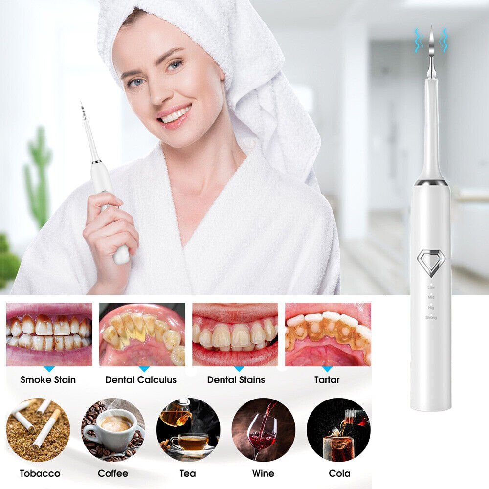 Dental Tartar Calculus Tooth Stain Remover Electric Toothbrush Kit with 4 Cleaning Heads, 4 Modes, Oral Mirror, USB Charger