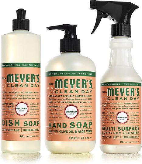 Mrs. Meyer's Kitchen Essentials Set, Includes: Hand Soap, Dish Soap, and All Purpose Cleaner, Geranium, 3 Count Pack