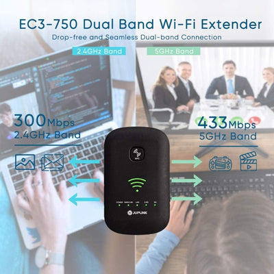 750Mbps WiFi Repeater Range Extender Wireless Signal Booster 2.4 & 5GHz Dual Band,Coverage up to 1000sq.ft