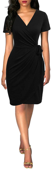 Lyrur Women's Classic V-Neck Casual Party Knee Length Sheath Work Short Sleeve Faux Black Wrap Dress