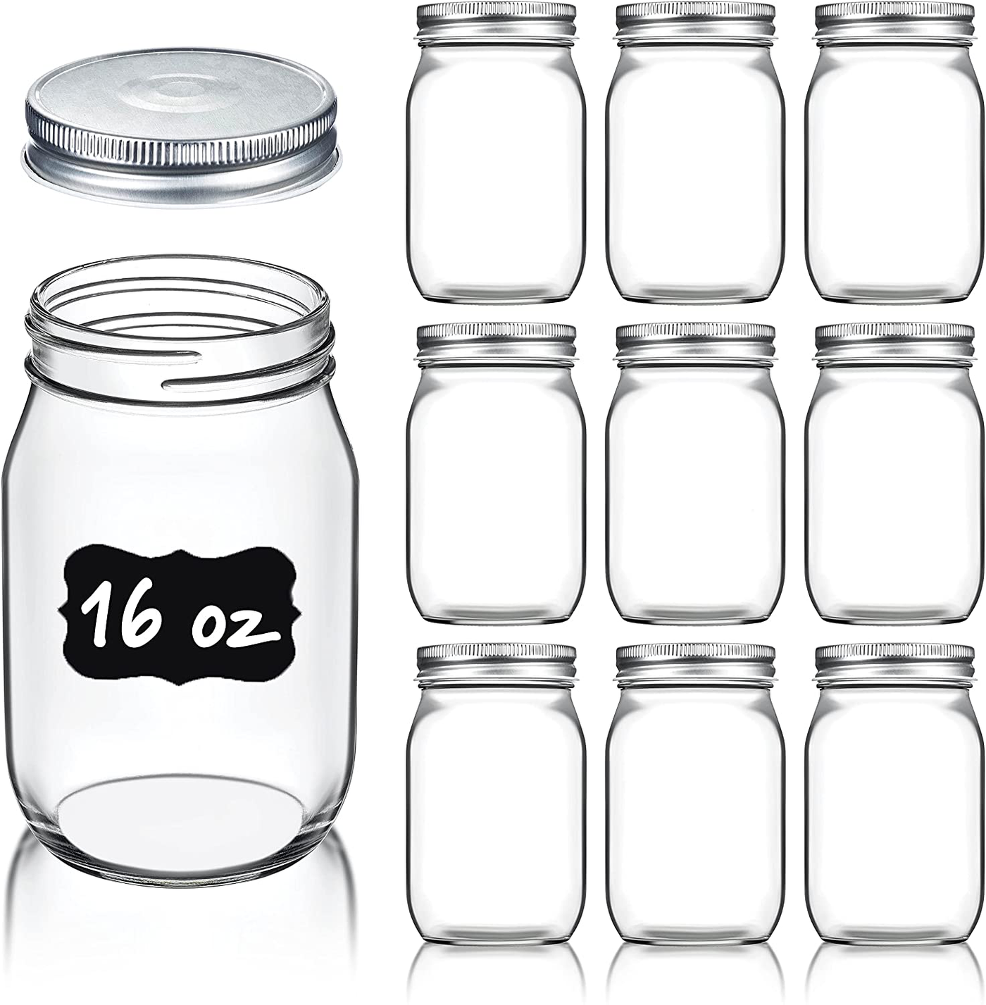 Regular-Mouth Glass Mason Jars, 16-Ounce (10-Pack) Canning Jars with Silver Metal Airtight Lids for Meal Prep, Food Storage, Canning, Jelly, Dry Food, Spices, Salads, Yogurt with Chalkboard Labels Set