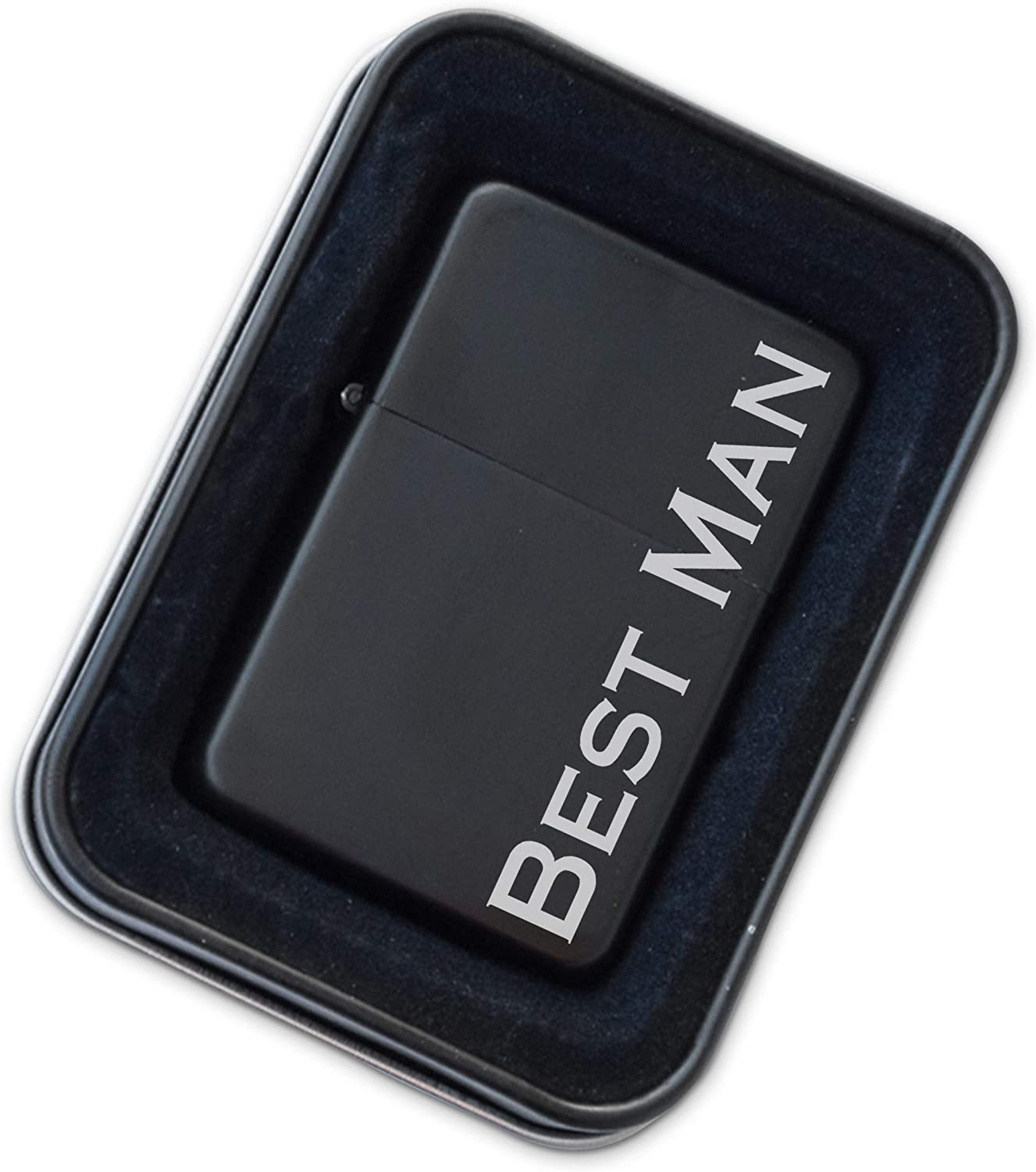 Engraved Matte Black Lighter with Gift Tin - Windproof, Flip-Top, Refillable (Groomsman)