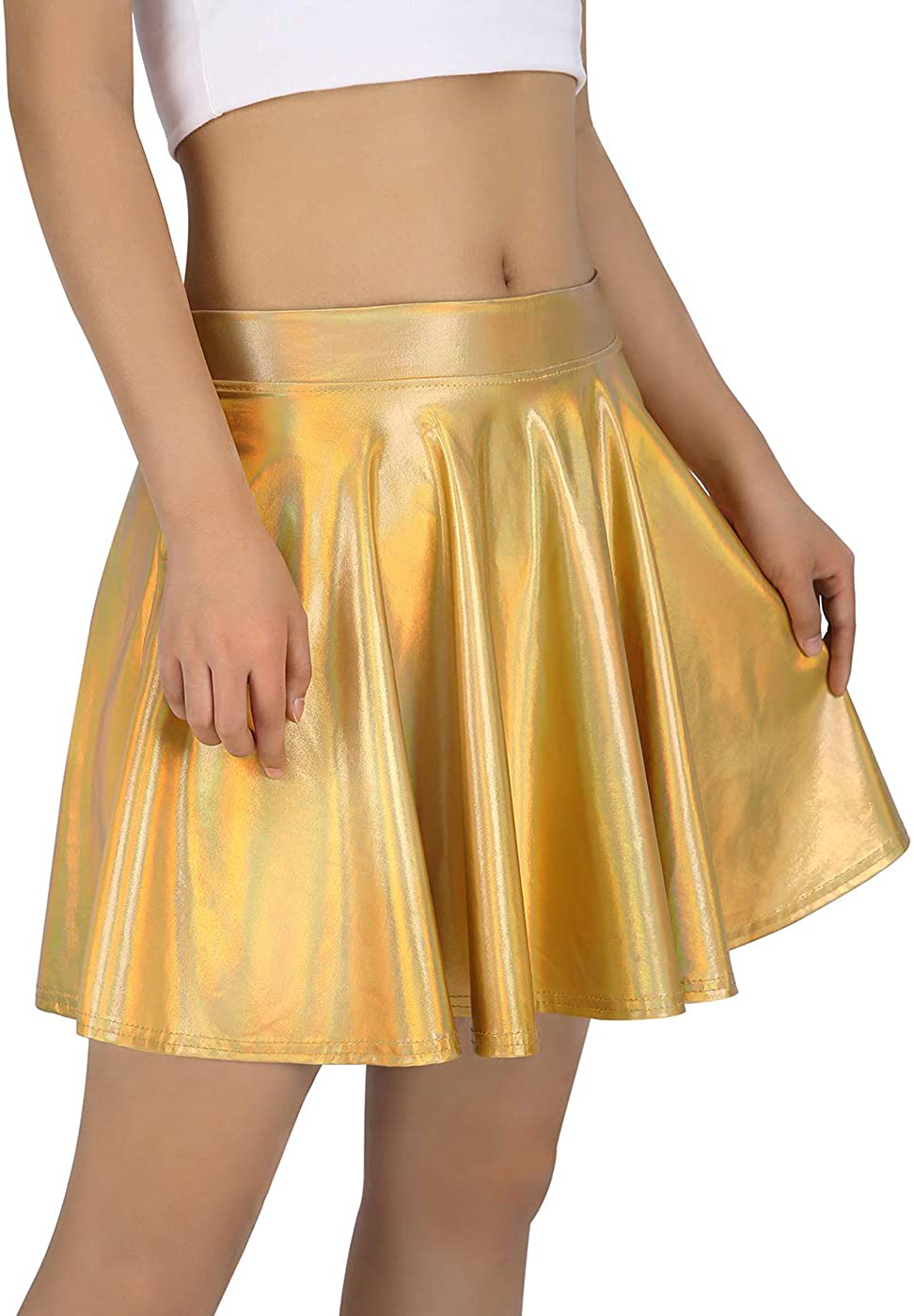 HDE Women's Shiny Liquid Metallic Holographic Pleated Flared Mini Skater Skirt