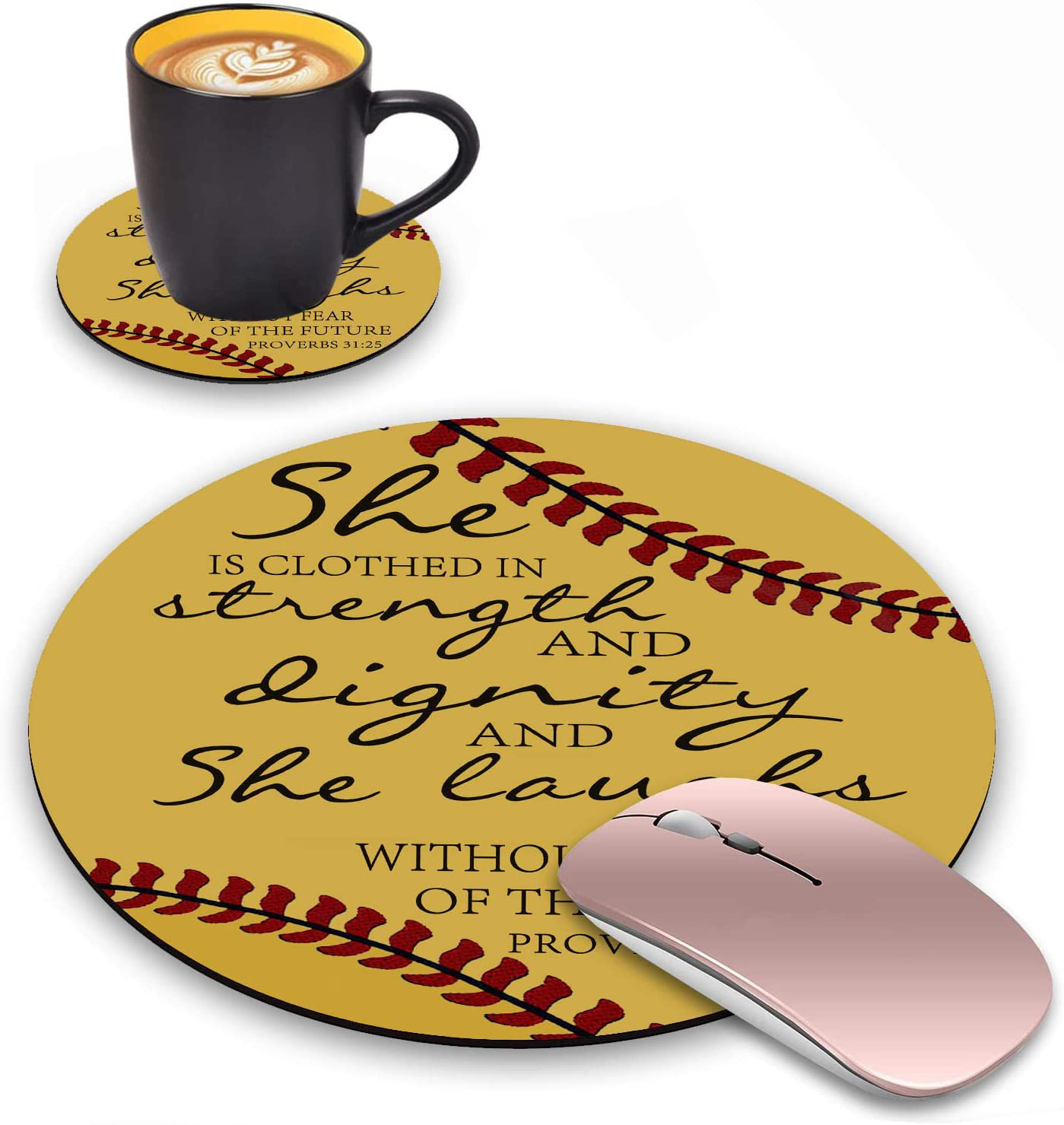 Round Mouse Pad with Coasters Set, Softball Surface Quotes Inspirational Quotes Bible Verse Phil 4:13 Design Mouse Pad, Non-Slip Rubber Base Mouse Pads for Laptop and Computer Office Accessories
