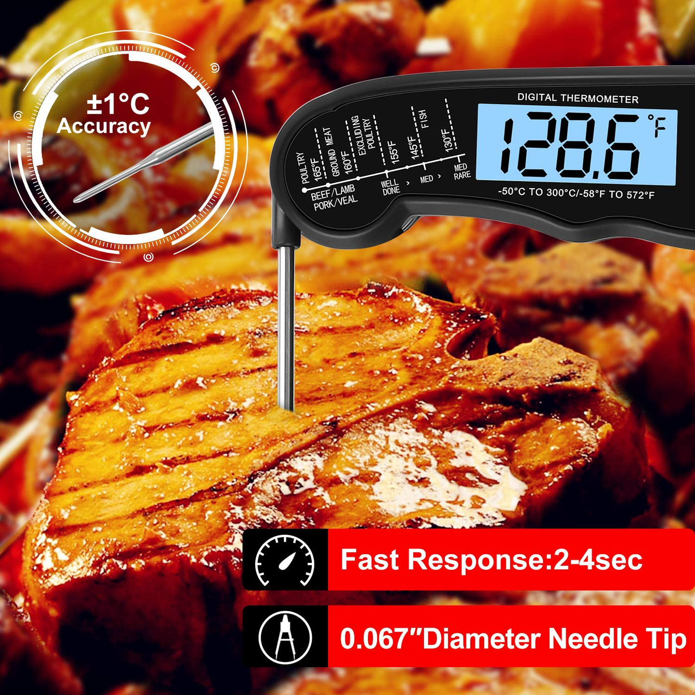 KULUNER TP-01 Waterproof Digital Instant Read Meat Thermometer with 4.6” Folding Probe Backlight & Calibration Function for Cooking Food Candy, BBQ Grill, Liquids,Beef(Orange)