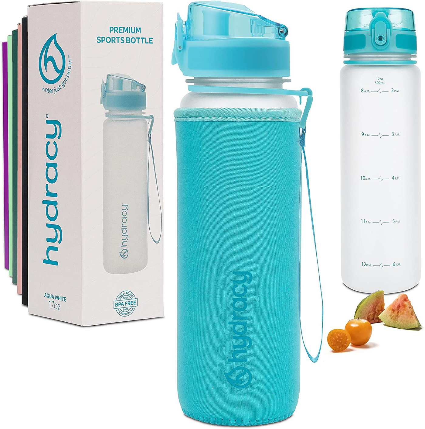 Hydracy Water Bottle with Time Marker - 500 ml 17oz BPA Free Water Bottle -Leak Proof & No Sweat Gym Bottle with Fruit Infuser Strainer -Ideal Gift for Fitness, Sports & Outdoors - Berry Blue