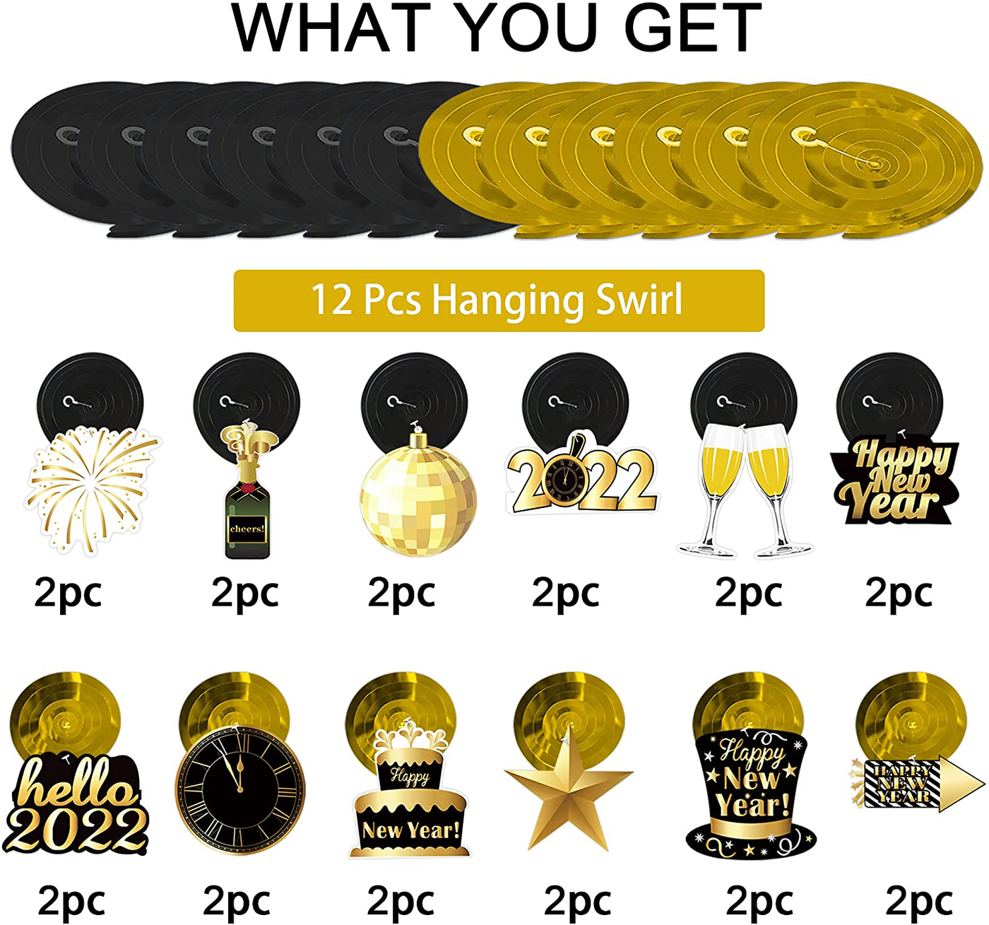 Tifeson 36 Pcs Happy New Year Decorations Hanging Swirls - Happy New Year Decorations 2022 - New Year's Eve Party Decorations Supplies 2022 for Home Office Ceiling (Black and Gold)
