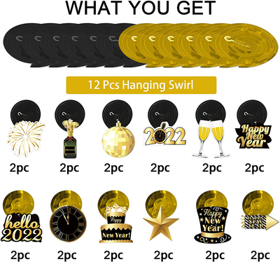 Tifeson 36 Pcs Happy New Year Decorations Hanging Swirls - Happy New Year Decorations 2022 - New Year's Eve Party Decorations Supplies 2022 for Home Office Ceiling (Black and Gold)