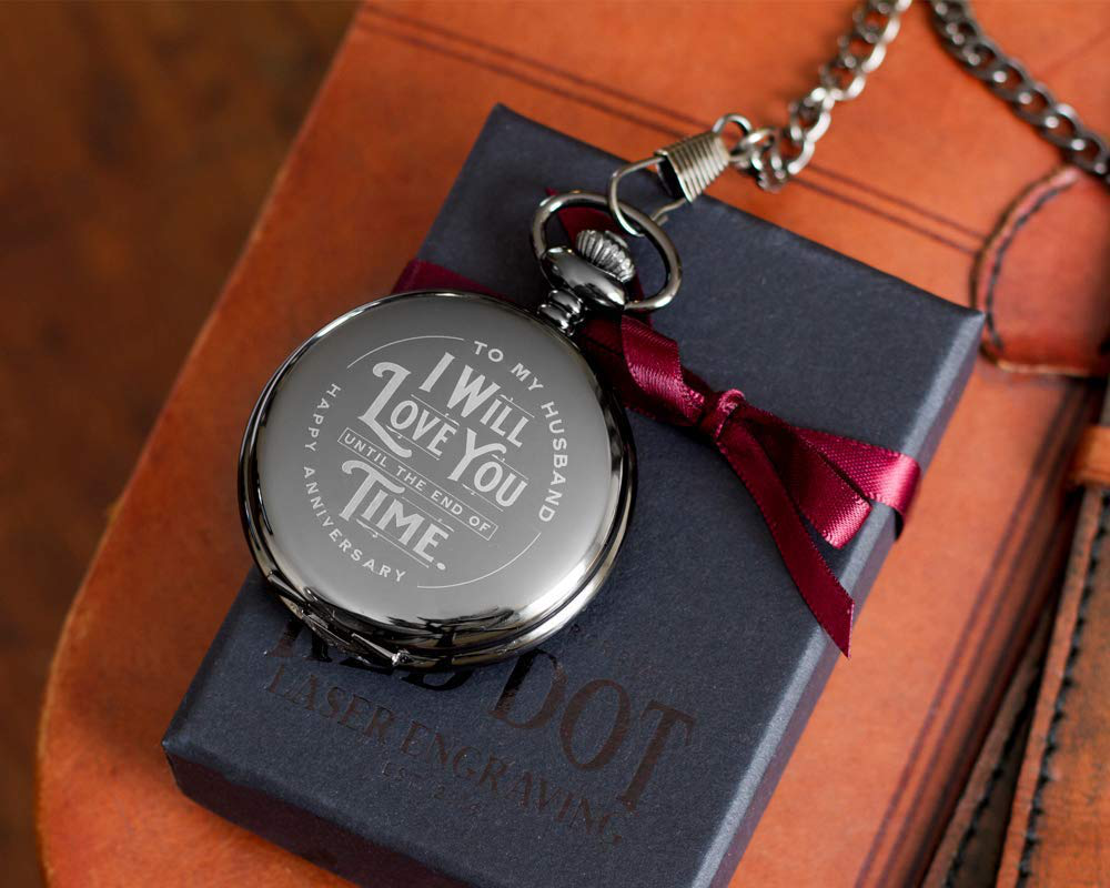 Engraved Wedding Anniversary Pocket Watch with Chain for Husband, a Classy Gift Set for Him with Elegant Gift Box, 1 Year Anniversary Gift Clock