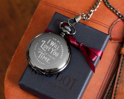 Engraved Wedding Anniversary Pocket Watch with Chain for Husband, a Classy Gift Set for Him with Elegant Gift Box, 1 Year Anniversary Gift Clock