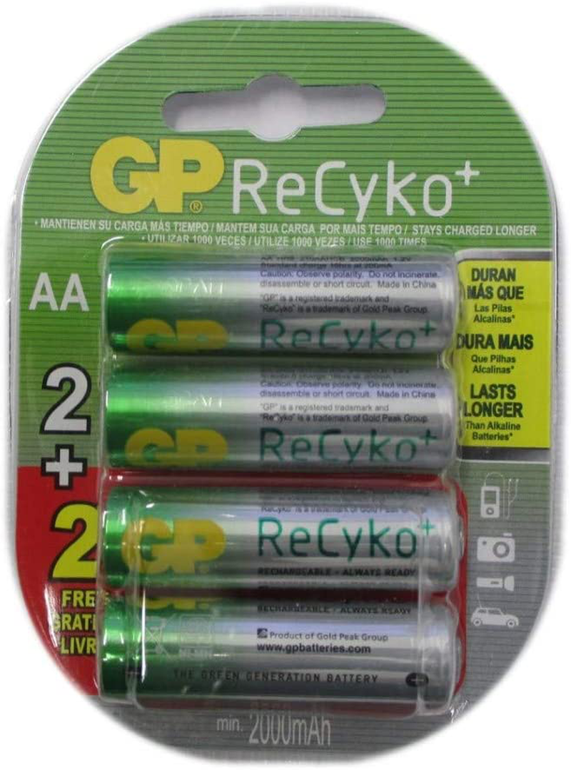 GP Recyko AA NiMH Pre-Charged Rechargable 1.2v 2100mAh 2 Batteries + 2 Free Total of 4 Batteries