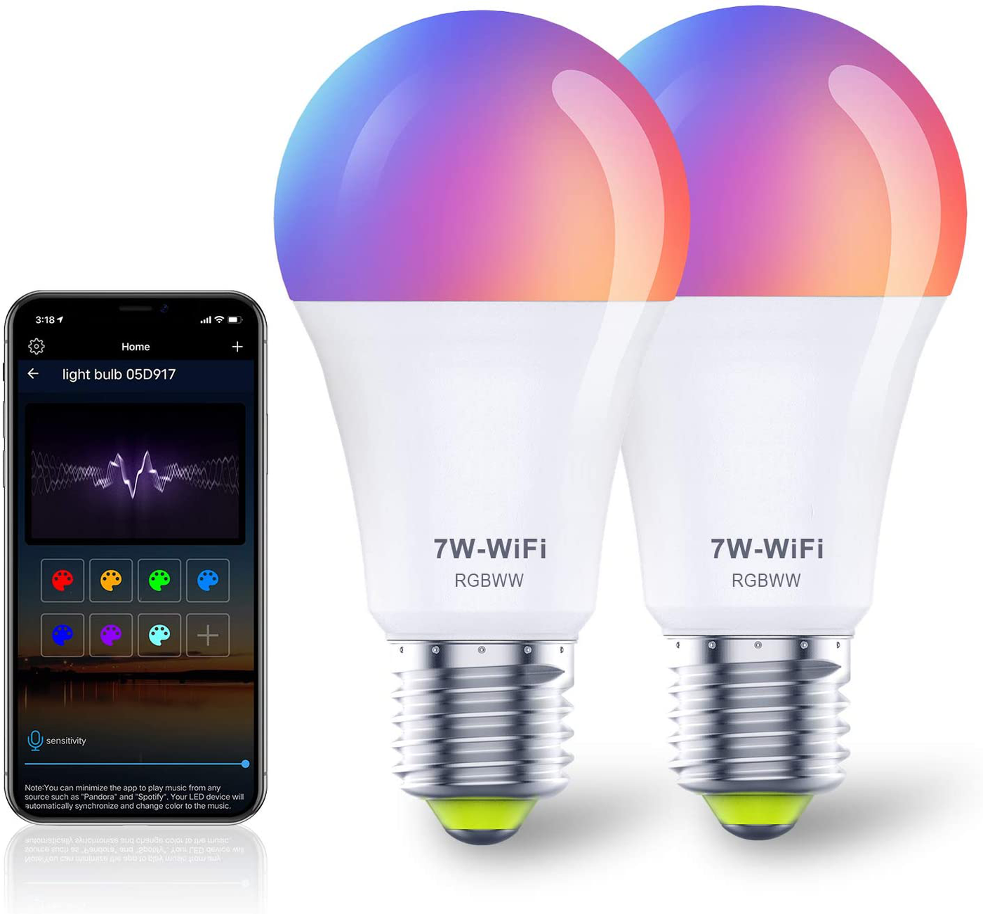 Color Changing RGB Sync Music, WiFi+Bluetooth, 7W=60W A19 Dimmable Color Changing Lightbulb