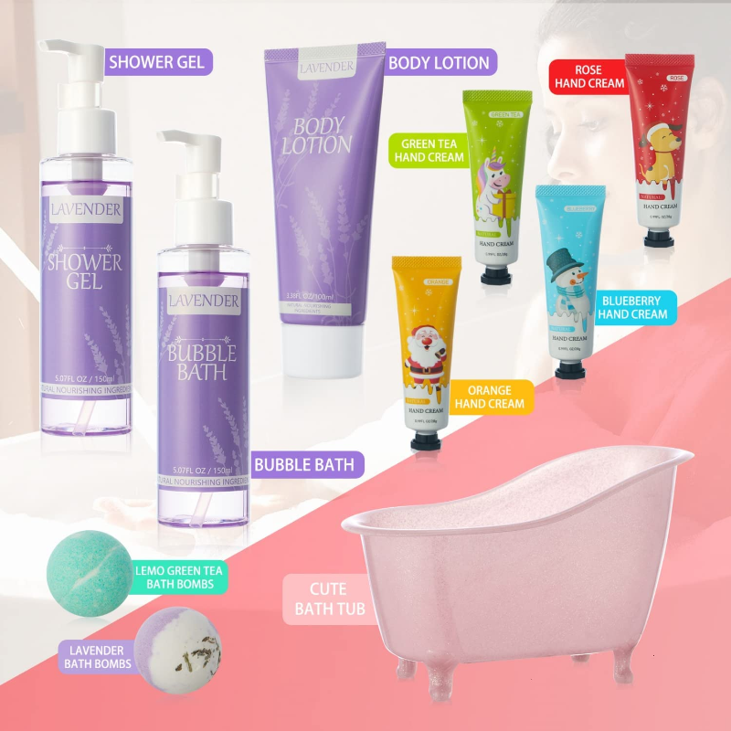 Bath & Spa Gift Baskets for Women - 10 Pcs Lavender Spa Set with Bubble Bath, Body Lotion, Shower Gel, Hand Cream, and Bath Bomb