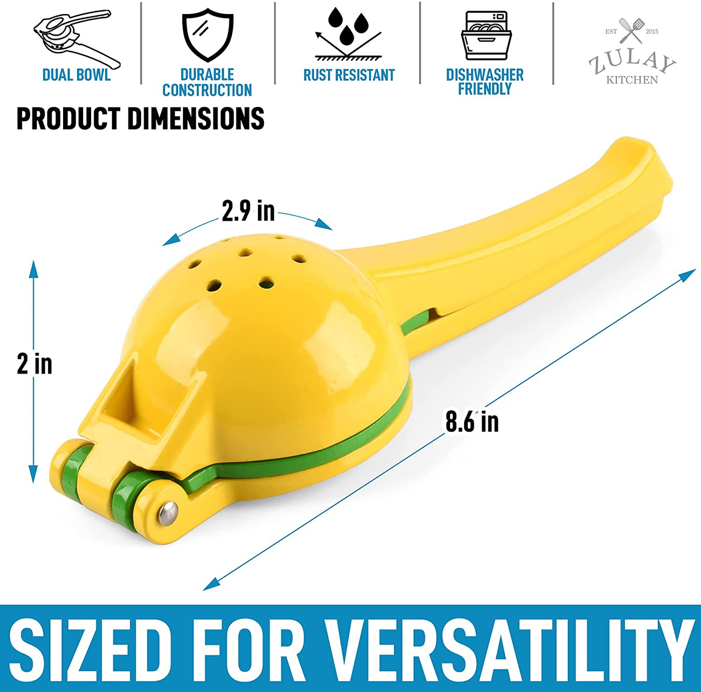 Zulay Metal 2-In-1 Lemon Lime Squeezer - Hand Juicer Lemon Squeezer - Max Extraction Manual Citrus Juicer (Gray and Lime Green)