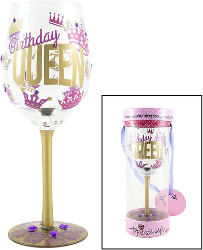 Top Shelf “Birthday Queen” Decorative Wine Glass ; Funny Gifts for Women ; Hand Painted Purple and Gold Design ; Unique Red or White Wine Glasses