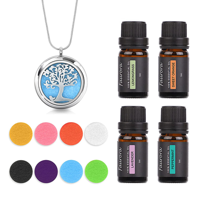 Family Tree of Life Essential Oil Aromatherapy Pendant Necklace w/ 4 Aroma Oils - 27.6" Adjustable Chain Perfume Necklace