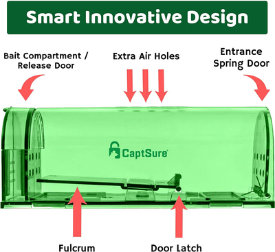 CaptSure Original Humane Mouse Traps, Easy to Set, Kids/Pets Safe, Reusable for Indoor/Outdoor use, for Small Rodent/Voles/Hamsters/Moles Catcher That Works. 2 Pack (Small (Green))