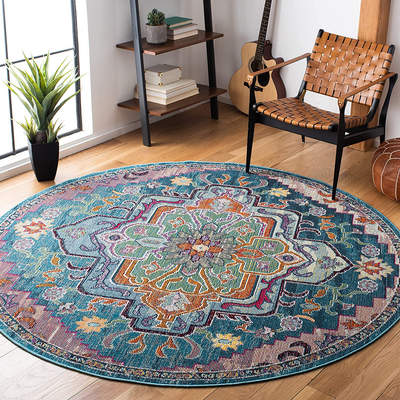 Safavieh Crystal Collection CRS501T Boho Chic Oriental Medallion Distressed Non-Shedding Dining Room Entryway Foyer Living Room Bedroom Area Rug, 5' x 5' Round, Teal / Rose