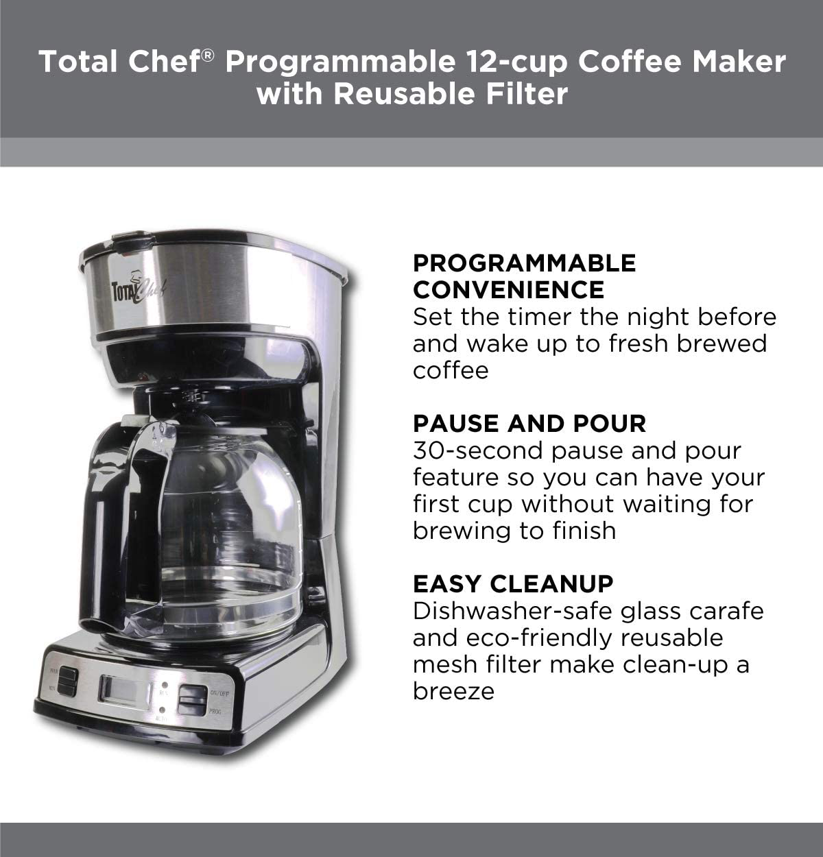 Total Chef TCCM06 Programmable Coffee Maker Stainless Steel with 12-Cup Glass Carafe, LCD Display,Easy Cleanup, Reusable Basket Filter, Countertop, Black/Gray