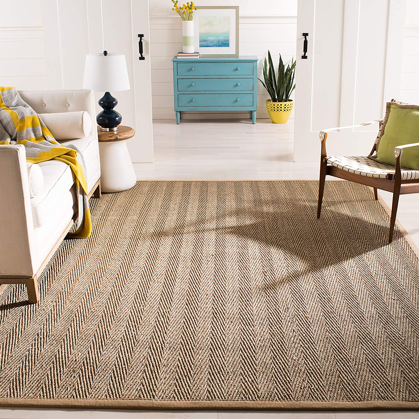 Safavieh Natural Fiber Collection NF115A Border Herringbone Seagrass Area Rug, 3' x 5', Beige