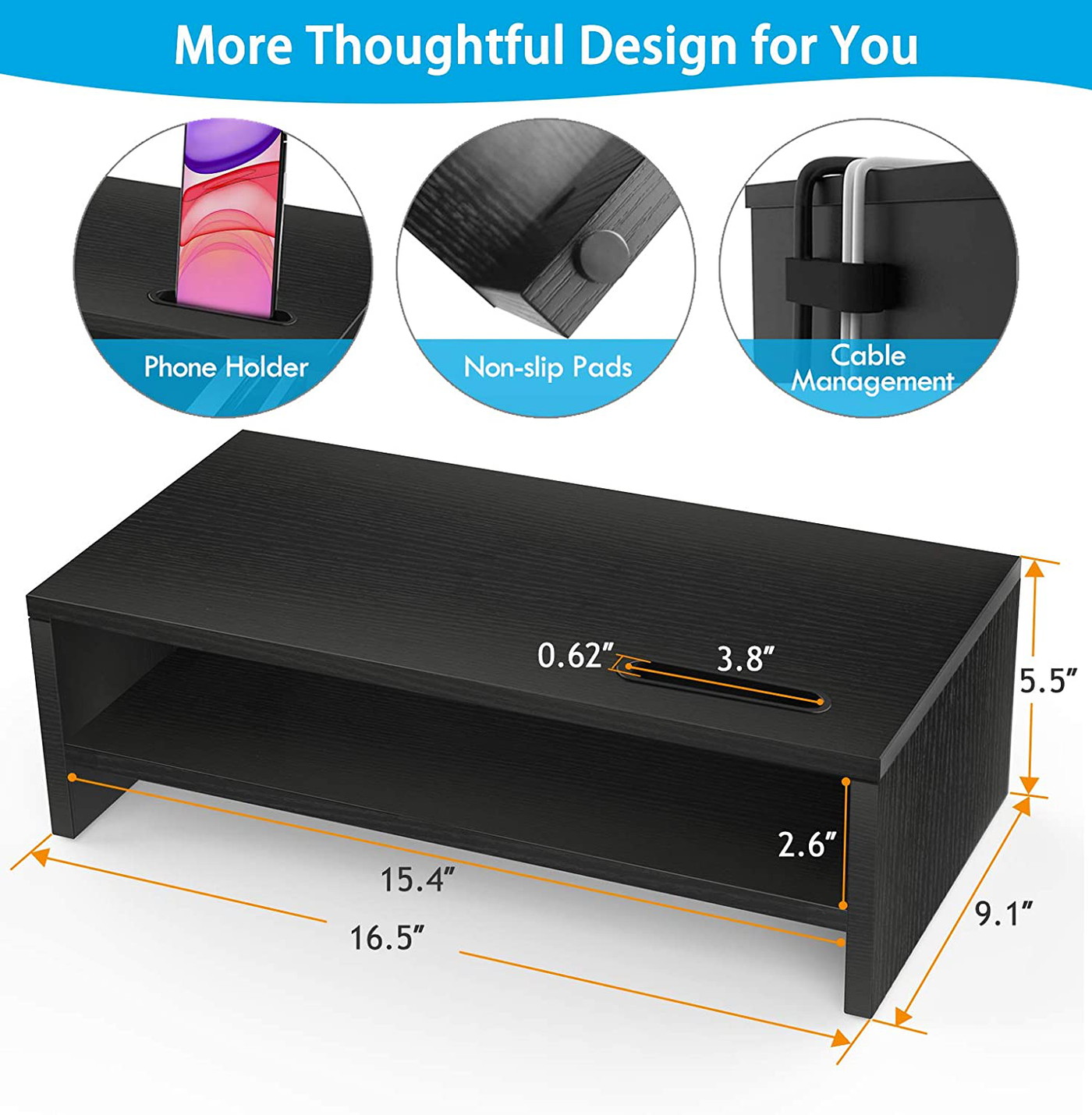 LORYERGO Monitor Stand - Monitor Riser 16.5 inch, 2 Tier Computer Stand, Monitor Stand Riser w/Cellphone Holder & Storage Space, Desk Stand for Laptop, Printer, PC, for Home & Office