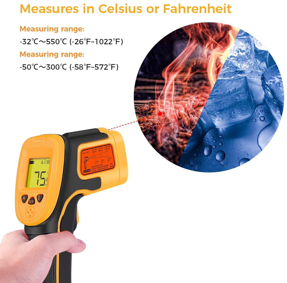 Infrared Thermometer, Digital IR Laser Thermometer Temperature Gun -26°F~1022°F (-32°C～550°C) Temperature Probe Cooking/Air/Refrigerator - Meat Thermometer Included -Non Body Thermometer