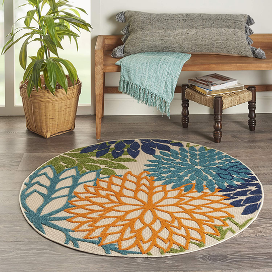 Nourison Aloha Indoor/Outdoor Floral Blue Multicolor 4' x ROUND Area Rug (4'xROUND)