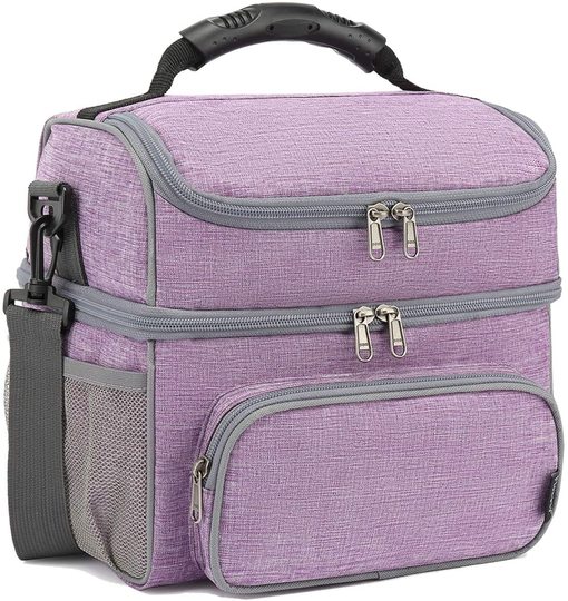 FlowFly Double Layer Cooler Insulated Lunch Bag Adult Lunch Box Large Tote Bag for Men, Women, With Adjustable Strap,Front Pocket and Dual Large Mesh Side Pockets,Purple