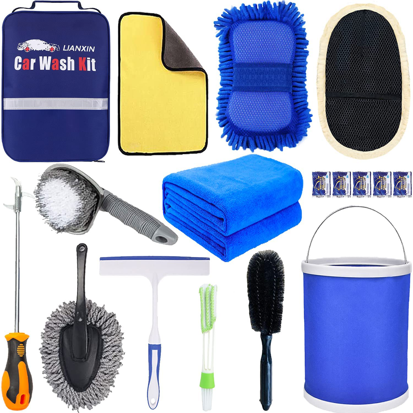 LIANXIN Car Wash Cleaning Tools Kit -Car Wash Tools Kit Car Cleaning Tools with Soft Microfiber Cloth Towels, Collapsible Bucket, Car Wash Sponges, Car Wheel Brush with Handle, Car tire Brush etc