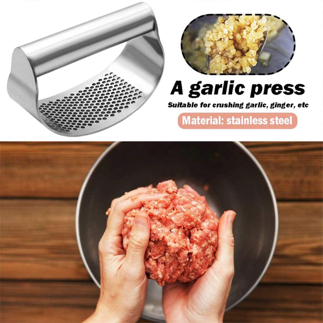 3 Pcs/Set Stainless Steel Rocker Garlic Press Ginger Crusher Squeezer with Silicone Tube Garlic Peeler and Cleaning Brush Kitchen Gadget Tool Set